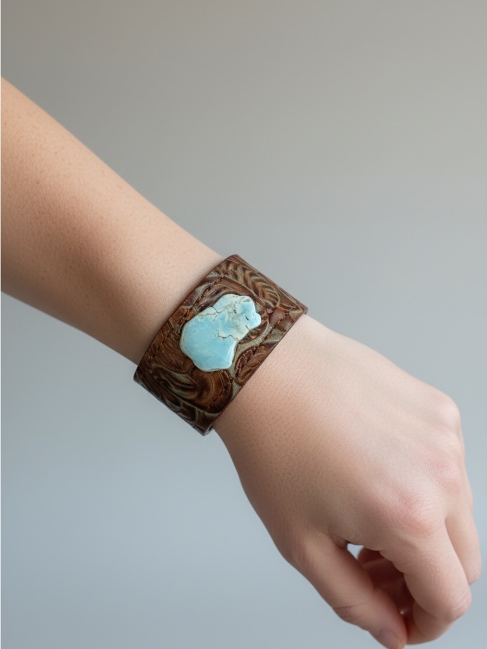 9/17 Brown Leather Cuff Bracelet with Turquoise Accent
